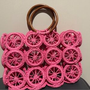 Vintage Pink Woven Handbag with Wooden Handles